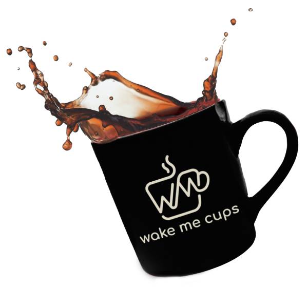 Wake Me Cups logo on a cup of coffee